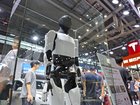 Tesla Optimus humanoids and Model Y L are displayed at the 2025 Shenzhen International Auto Show.