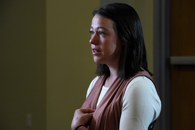 Ellie Wilkins speaks to the press inside the Boulder County Justice Center on February 23, 2016.