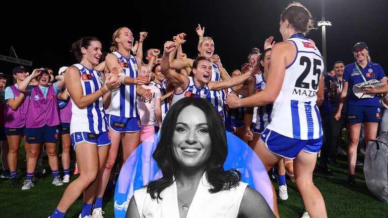 Ash Riddell of the Kangaroos embraces Jasmine Garner after last year’s grand final.
