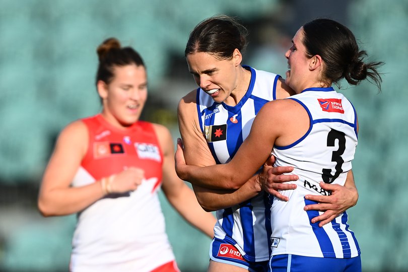 Jasmine Garner celebrates a goal during the AFLW Round 8 match between North Melbourne Kangaroos and Sydney.