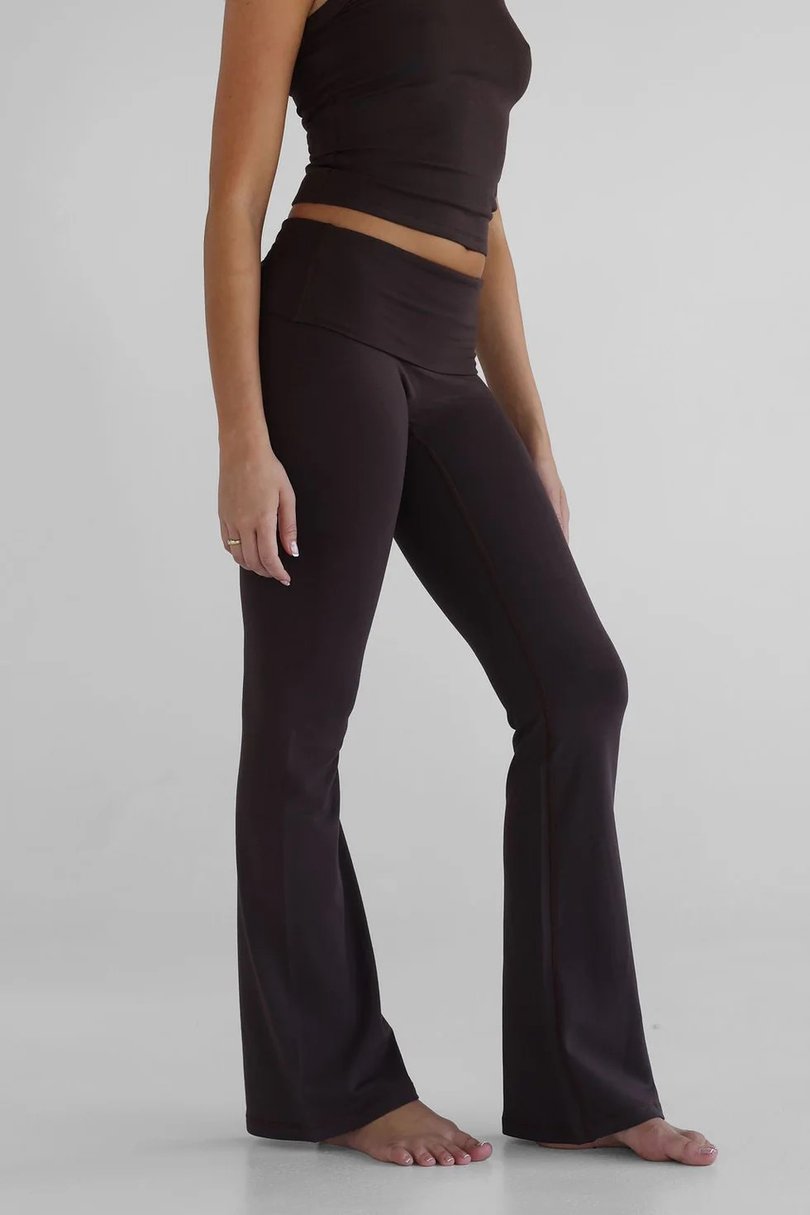 Flared yoga pants are trending in athetic wear.