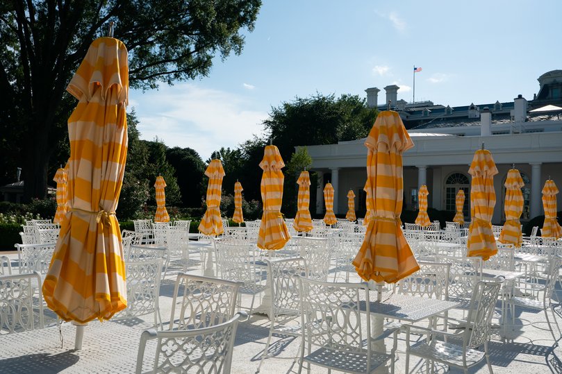 FILE — The Rose Garden patio, which Donald Trump had paved over, at the White House in Washington on Saturday, August 23, 2025.
