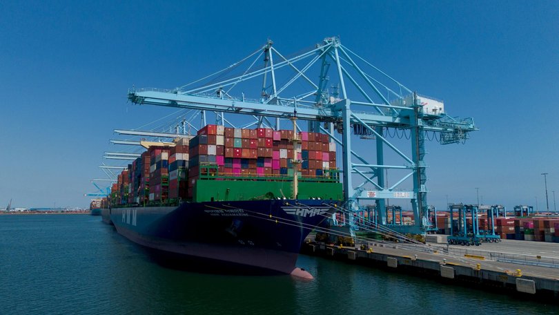 The HMM Aquamarine container ship docked at the Port of Los Angeles in Los Angeles, California, US.
