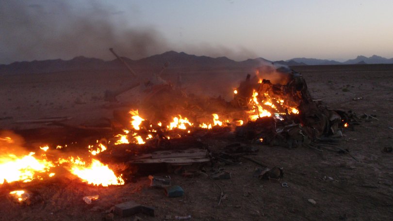 The wreckage of US Army Black Hawk 448, which crashed in Shah Wali Kot, Afghanistan, on June 21, 2010 around 4am.