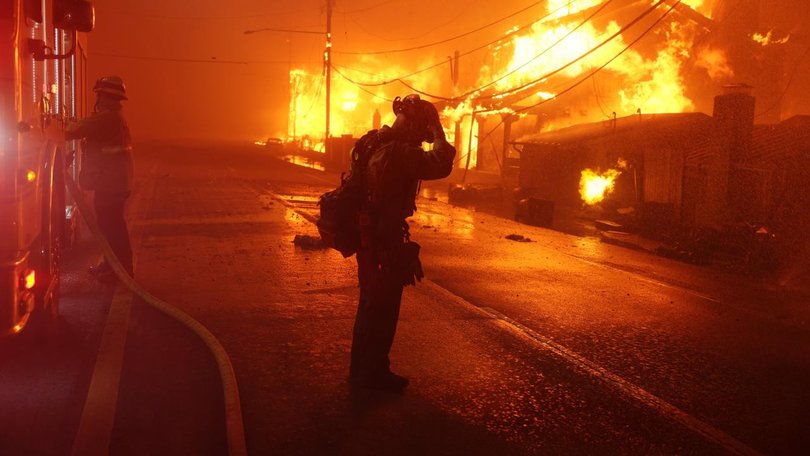 The Palisades wildfire levelled some 6000 structures, and caused $US150 billion in property damage. (EPA PHOTO)