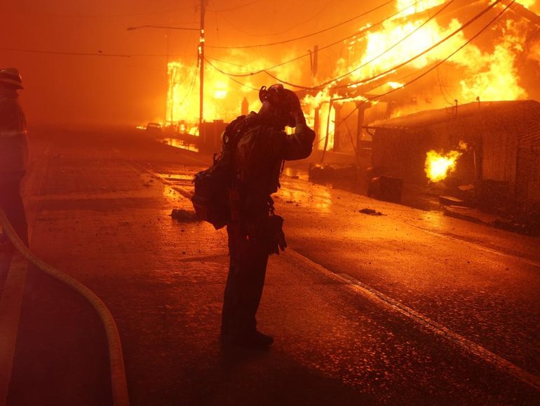 The Palisades wildfire levelled some 6000 structures, and caused $US150 billion in property damage. (EPA PHOTO)