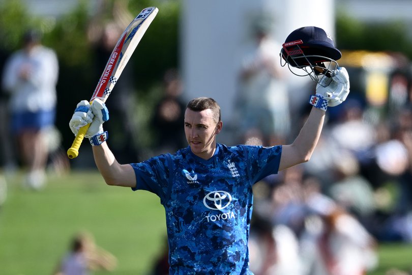 Harry Brook of England celebrates after scoring a century.