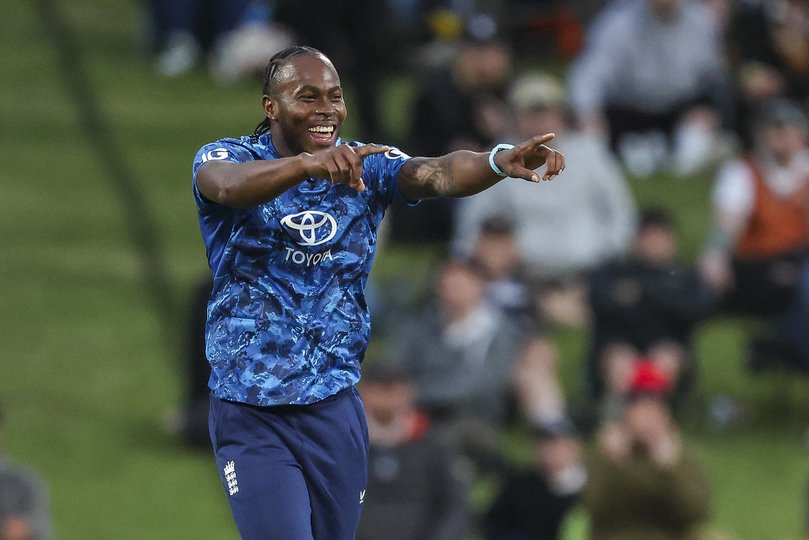 England's Jofra Archer celebrates a wicket.