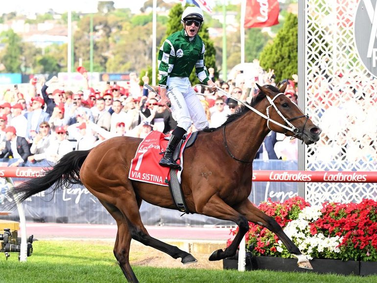 Jockey James McDonald has reached new heights by steering Via Sistina to a record Cox Plate win.  (James Ross/AAP PHOTOS)