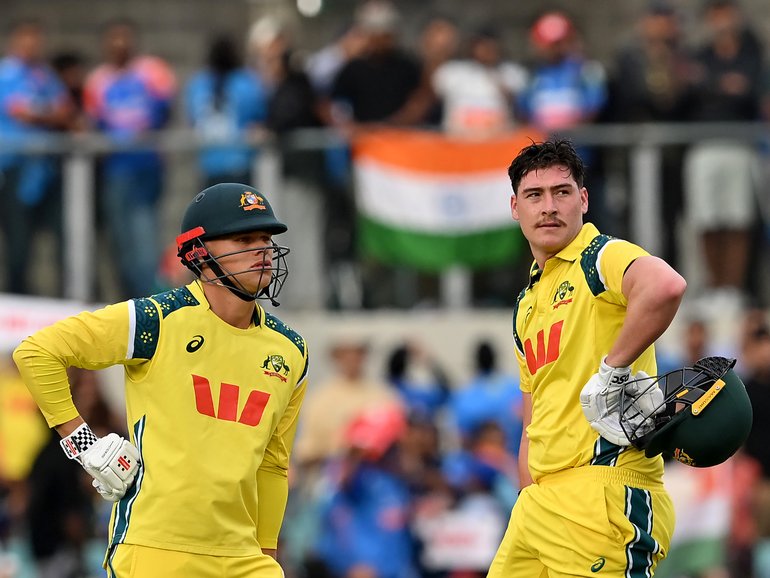 SYDNEY, AUSTRALIA - OCTOBER 25: Cooper Connolly and Matthew Renshaw of Australia look on as they wait for the LBW  review outcome during game three of the One Day International series between Australia and India at Sydney Cricket Ground on October 25, 2025 in Sydney, Australia. (Photo by Ayush Kumar/Getty Images)