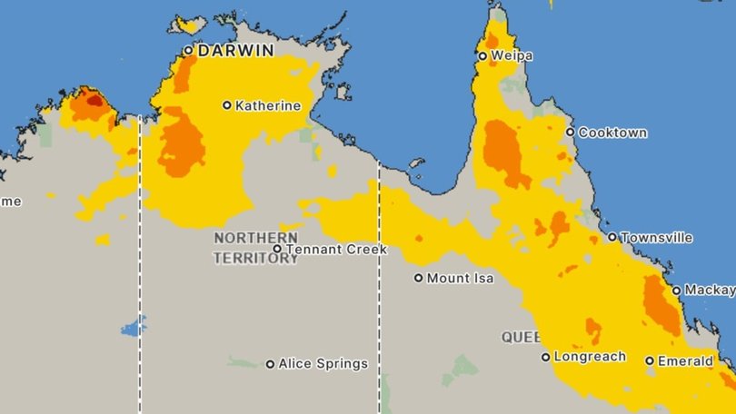 Heatwaves across northern Australia will persist on Monday, with low severity warnings in the yellow areas, and extreme warnings in the orange areas. Picture: BOM