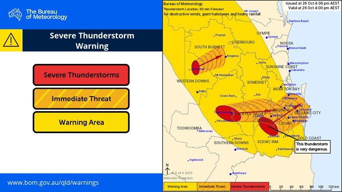 Severe weather alert issued by BOM for Sunday's storm in south-east Queensland.