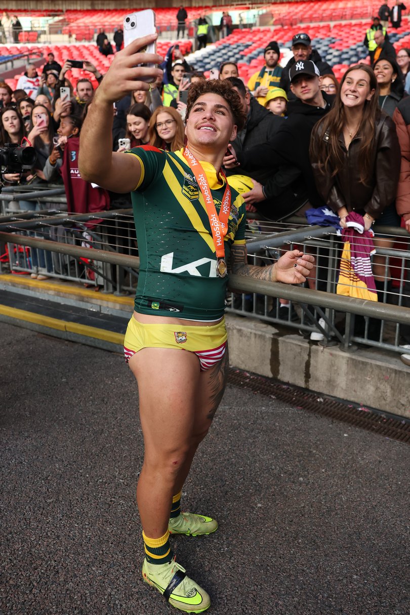 Man of the match Australia's Reece Walsh during a lap of honour following his side's victory during the Rugby League Ashes match between England and Australia at Wembley Stadium on Saturday.