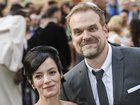 David Harbour, right, and Lily Allen pose for photographers upon arrival at the Olivier Awards in London, Sunday, April 10, 2022. (Photo by Vianney Le Caer/Invision/AP)