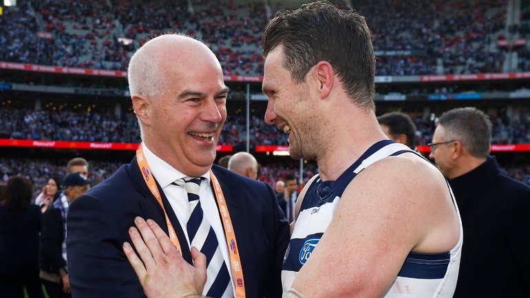 Former Geelong president Craig Drummond, pictured with Patrick Dangerfield after the 2022 grand final, has been appointed AFL Commission chairman.