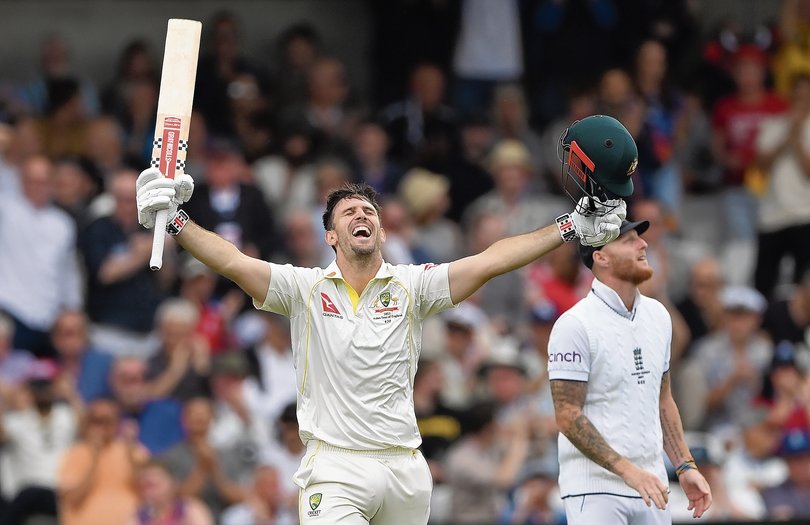 Australia batter Mitchell Marsh celebrates his century during day one of the LV= Insurance Ashes 3rd Test Match between England and Australia on July 06, 2023 in Leeds, England.