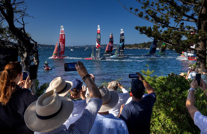 SailGP crowd watch the action on the water from Genesis Island during Race Day 2 of the KPMG Australia Sail Grand Prix in Sydney, Australia on February 25, 2024. 