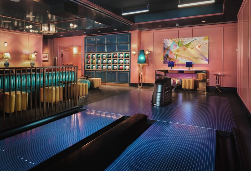 The hotel, which opened in August, also features a two-lane bowling alley.