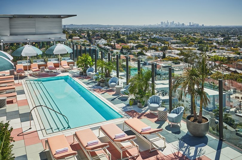 The rooftop pool overlooks the city.