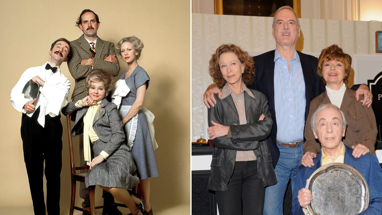 Prunella Scales, pictured front and right, with her Fawlty Towers co-stars.