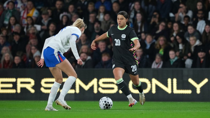 Australia’s Matildas have endured a tough match at Pride Park, conceding a late penalty for a 3-0 loss to England, with star Sam Kerr leaving the field in the 69th minute.