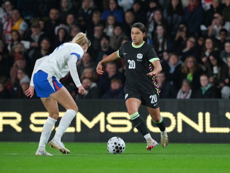 Australia’s Matildas have endured a tough match at Pride Park, conceding a late penalty for a 3-0 loss to England, with star Sam Kerr leaving the field in the 69th minute.