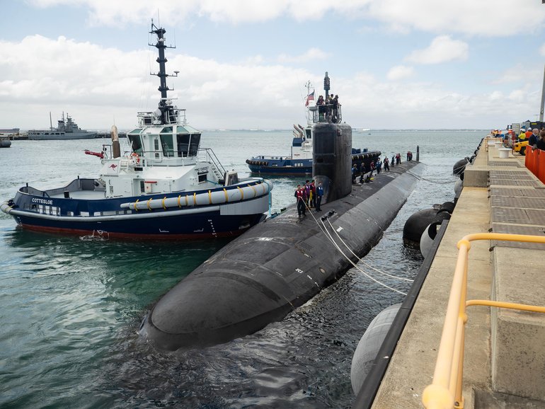 Virginia-class attack submarine USS Vermont arrives at HMAS Stirling today with a crew comprised of Australian, American and British officer and sailors. Michael Wilson