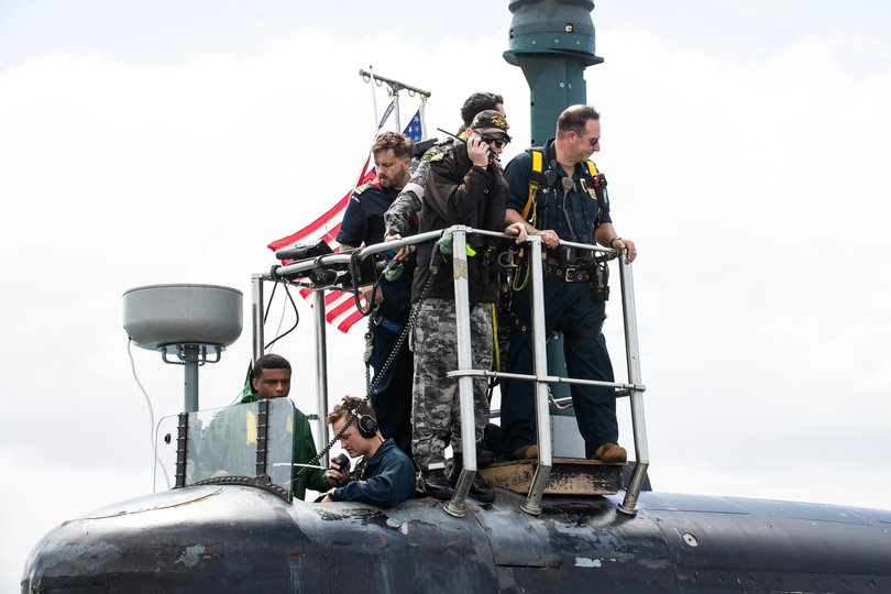 Virginia-class attack submarine USS Vermont arrives at HMAS Stirling today with a crew comprised of Australian, American and British officer and sailors. Picture: Michael Wilson