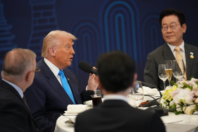 Prime Minister Anthony Albanese listens as U.S. President, Donald Trump (2nd L), speaks during a dinner at the Hilton Gyeongju on October 29, 2025 in Gyeongju, South Korea.