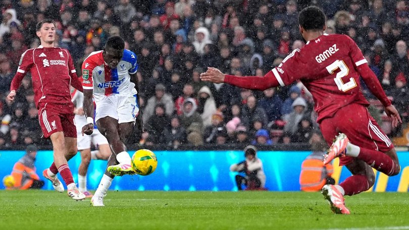Crystal Palace's Ismaila Sarr scores his side's second goal in the League Cup win over Liverpool. (AP PHOTO)