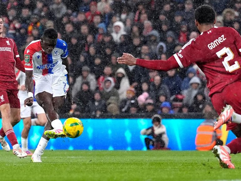 Crystal Palace's Ismaila Sarr scores his side's second goal in the League Cup win over Liverpool. (AP PHOTO)