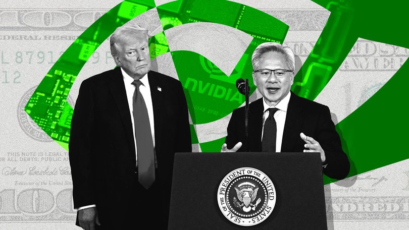 US President Donald Trump looks on as Nvidia CEO Jensen Huang speaks about investing in America, at the White House in April.