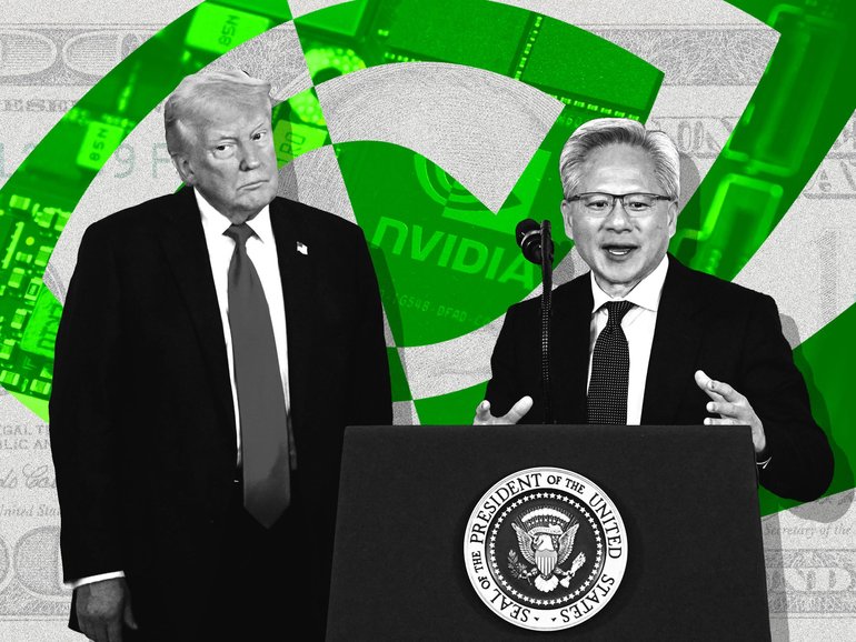 US President Donald Trump looks on as Nvidia CEO Jensen Huang speaks about investing in America, at the White House in April. 