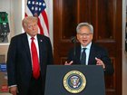 US President Donald Trump looks on as Nvidia CEO Jensen Huang speaks about investing in America, at the White House in April.