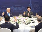 L-R, clockwise) Singaporean Prime Minister Lawrence Wong, Anthony Albanese, Donald Trump, South Korean President Lee Jae Myung, Vietnamese President Luong Cuong, New Zealand Prime Minister Christopher Luxon, Canadian Prime Minister Mark Carney and Thai Prime Minister Anutin Charnvirakul make a toast during a special dinner held for state leaders at the Hilton Hotel in the southeastern city of Gyeongju.