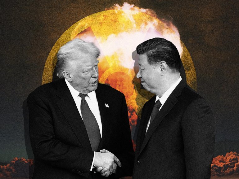 President Donald Trump and Chinese President Xi Jinping shake hands as they depart following a bilateral meeting.