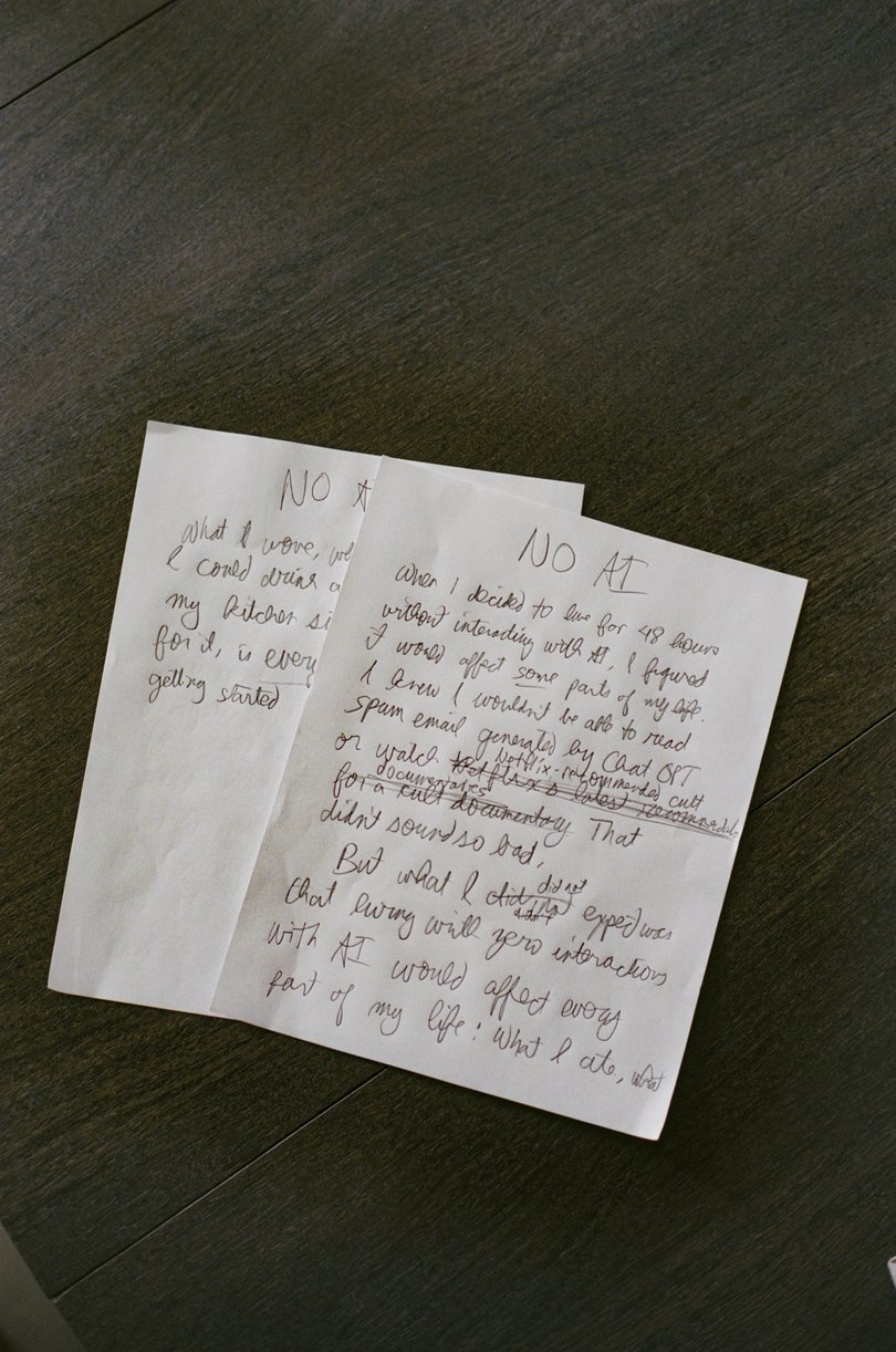 Handwritten notes for AJ Jacobs' no-AI article in New York, Sept. 29, 2025.