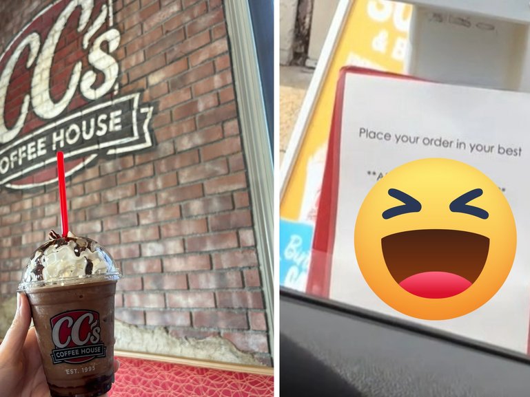 A sign at CC's Coffee House encouraged customers to place an order in their best Australian access to get ten per cent off.