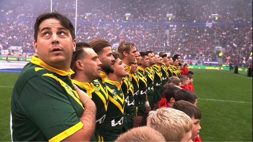 Notorious pitch invader ‘Jarvo’ stood with the Aussies during the national anthem.