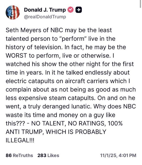 Donald Trump truth social post slamming Seth Meyers.