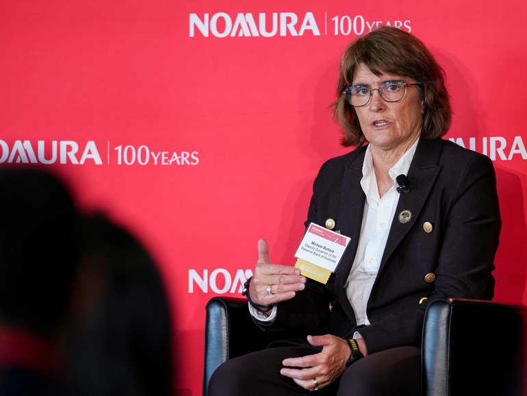Michele Bullock, governor of the Reserve Bank of Australia (RBA), at the Nomura Research Forum during the International Monetary Fund (IMF) and World Bank Fall meetings in Washington, DC, US, on Wednesday, Oct. 15, 2025. The International Monetary Fund warned that the global economy is showing signs of strains from sweeping US tariffs and protectionism even though it so far has held up better than expected. Photographer: Eric Lee/Bloomberg