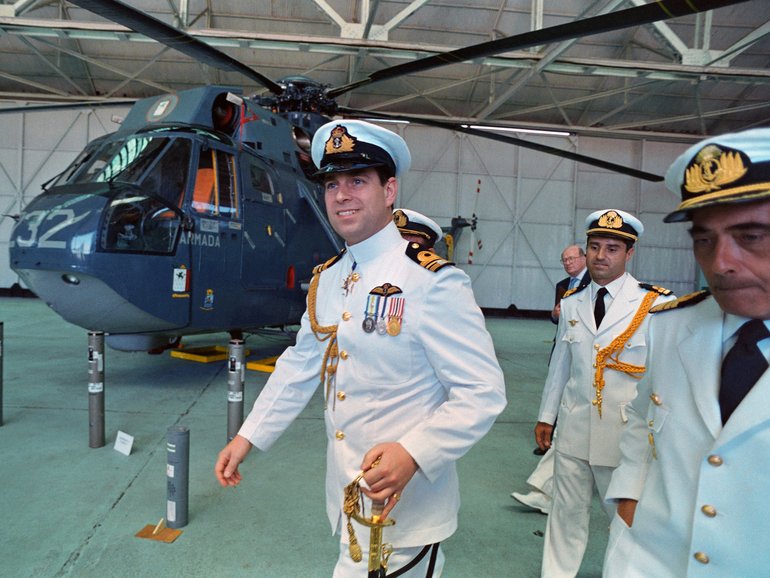 Britain's Prince Andrew with his medals from the Falklands while inspecting the Comandante Espora Naval Air Base at Bahia Blanca in 1994. 