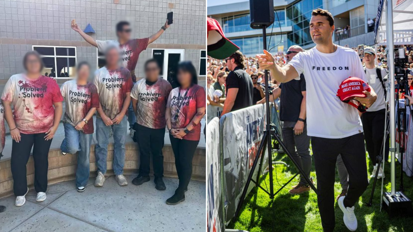 A gag shirt worn by US teachers has sparked controversy for allegedly mocking the assassination of Charlie Kirk.