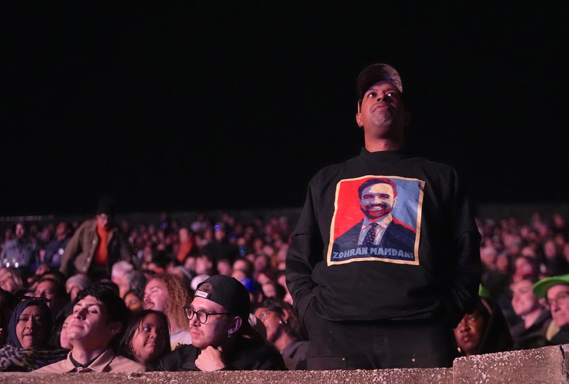 Supporters attend the "New York is Not For Sale" election rally of New York mayoral candidate Zohran Mamdani at Forest Hills Stadium on October 26, 2025. 