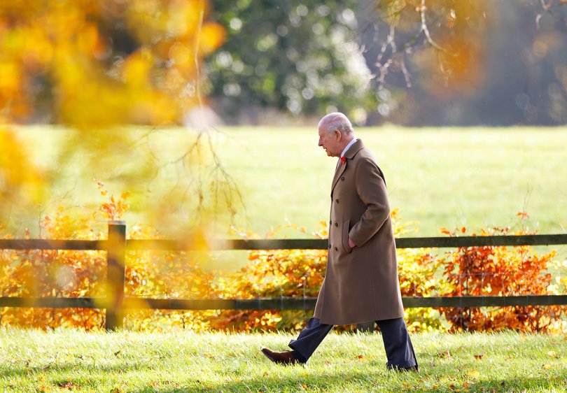 King Charles III departs after attending Sunday service at the Church of St Mary Magdalene on the Sandringham estate on November 2, 2025.