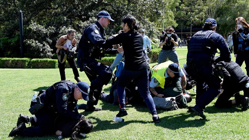 Protesters and NSW Police clash during an attempted blockade by the Palestine Action Group of the Indo-Pacific Weapons expo at the ICC Sydney.