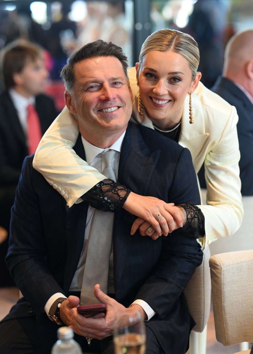 MELBOURNE, AUSTRALIA - NOVEMBER 04: Karl Stefanovic and Jasmine Stefanovic pose for a photo during 2025 Melbourne Cup Day at Flemington Racecourse on November 04, 2025 in Melbourne, Australia. (Photo by Wendell Teodoro/Getty Images)