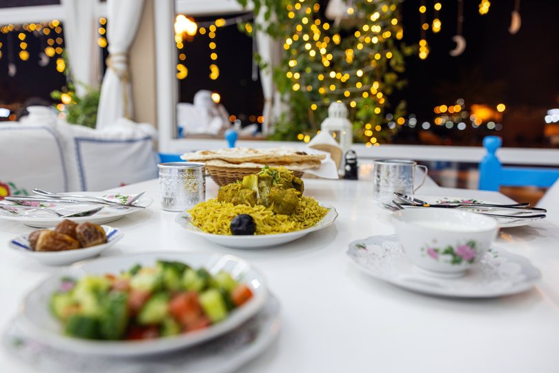 Laham machboos, a dish of lamb and rice with spices, served with a salad, at the Arabian Tea House.