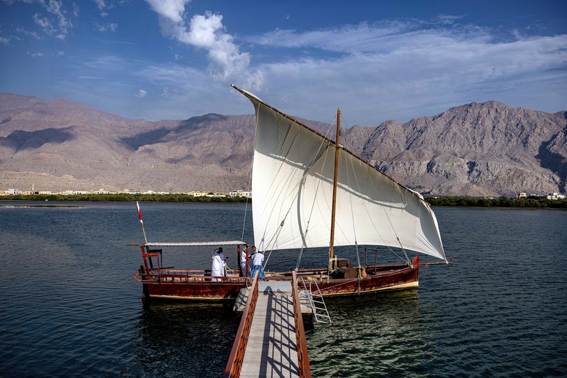 A dhow that transports visitors to the Suwaidi Pearl Farm, a heritage project started in 2004 by the grandson of a pearl diver, in Ras al Khaymah, United Arab Emirates.