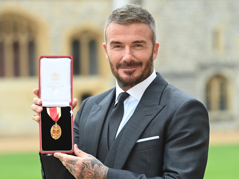 Sir David Beckham after he was made a Knight Bachelor at an investiture ceremony at Windsor Castle on November 4, 2025 in Windsor, England. 